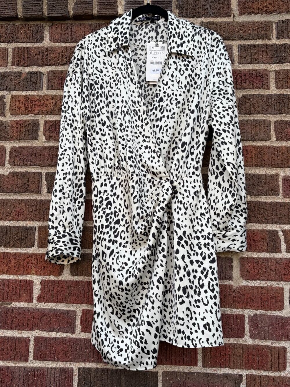 Zara Collared Long Sleeve Mini Wrap Dress Women Small Black-Ivory Animal Print